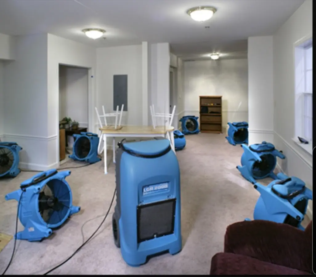 Air movers and dehumidifier setup for Water Damage Restoration in South Laurel
